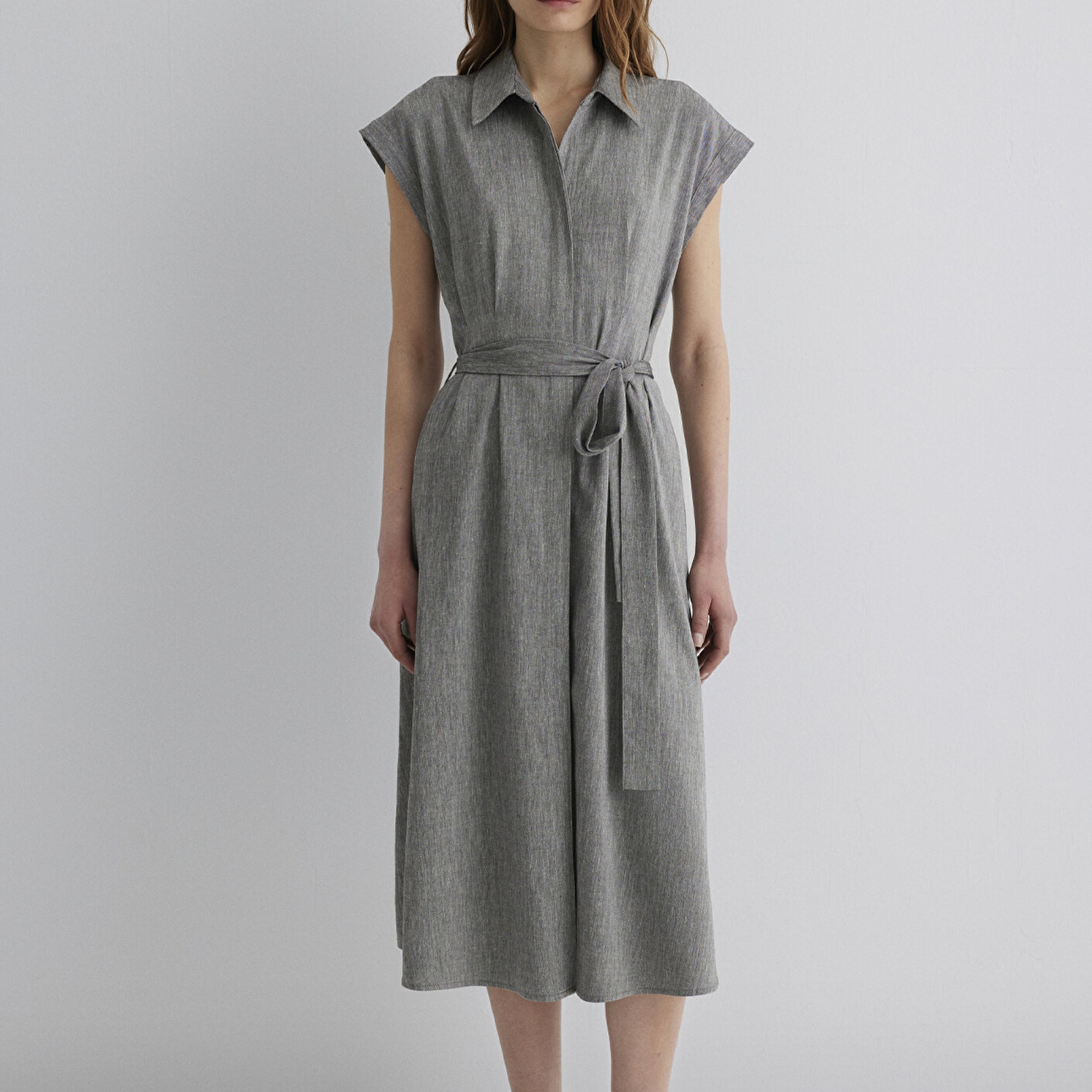 Mavi Keten Karışımlı Gri Elbise 1310510-87033