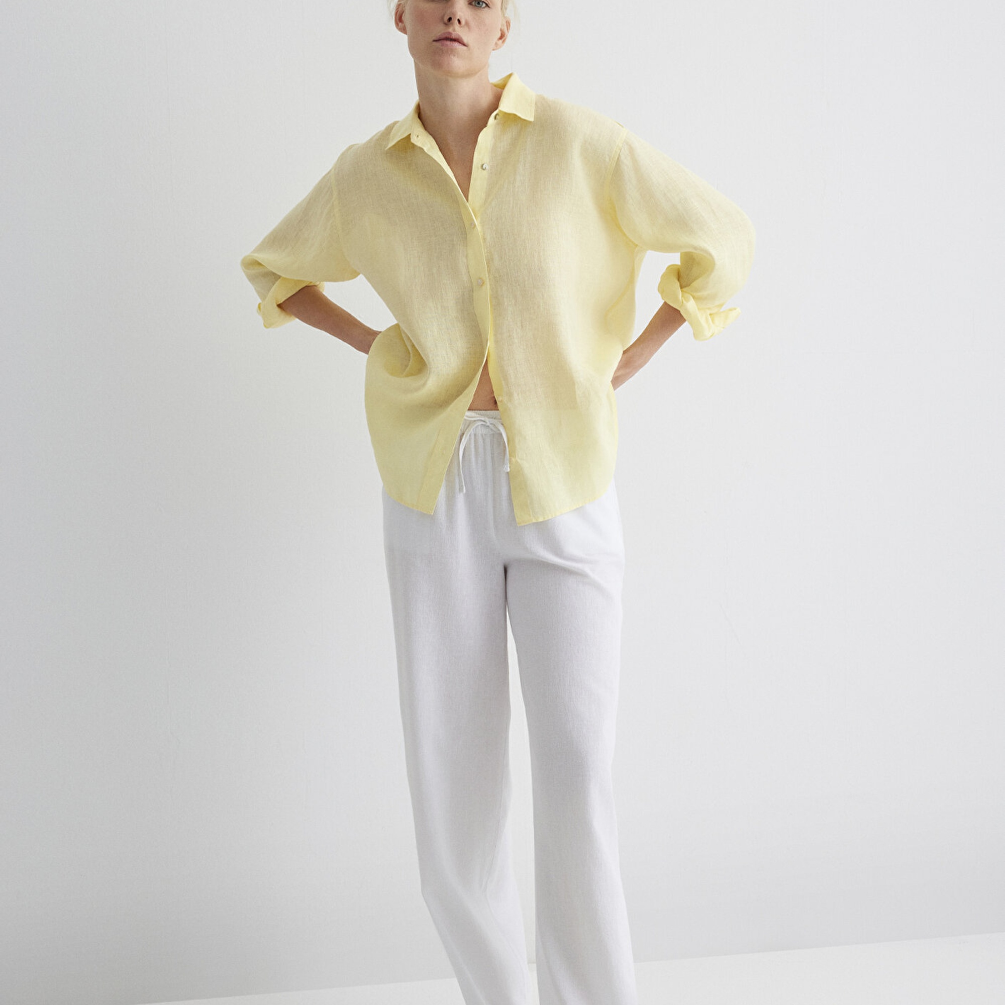 Mavi Keten Karışımlı Beyaz Pantolon 1010686-620