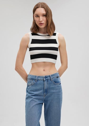  Mavi Çizgili Crop Triko Top Fitted / Vücuda Oturan Kesim 1710098-85407