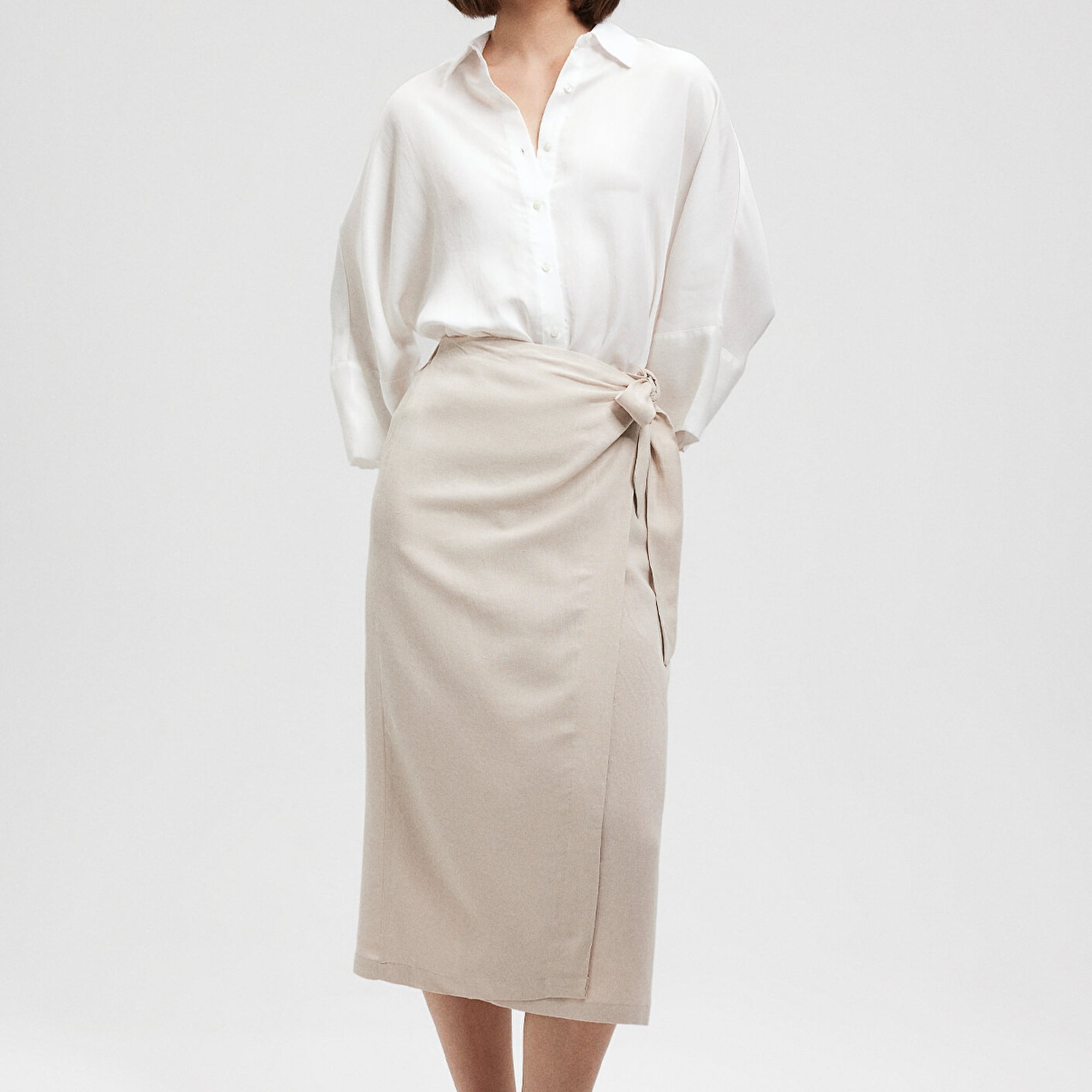 Mavi Keten Karışımlı Bej Viskoz Etek 1310521-70136