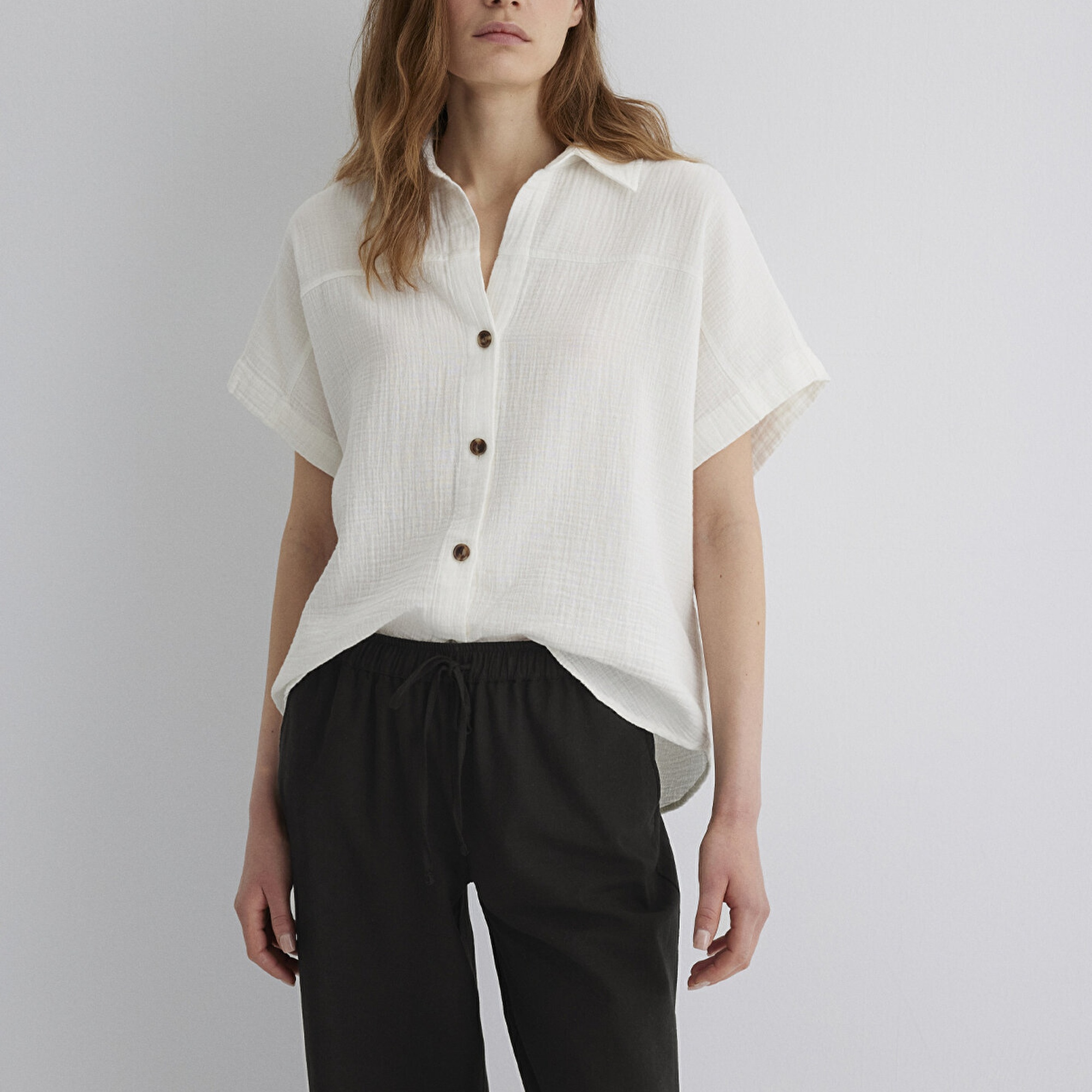 Mavi Dokulu Ekru Gömlek Loose Fit / Bol Rahat Kesim 1210758-70057