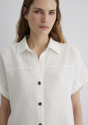  Mavi Dokulu Ekru Gömlek Loose Fit / Bol Rahat Kesim 1210758-70057