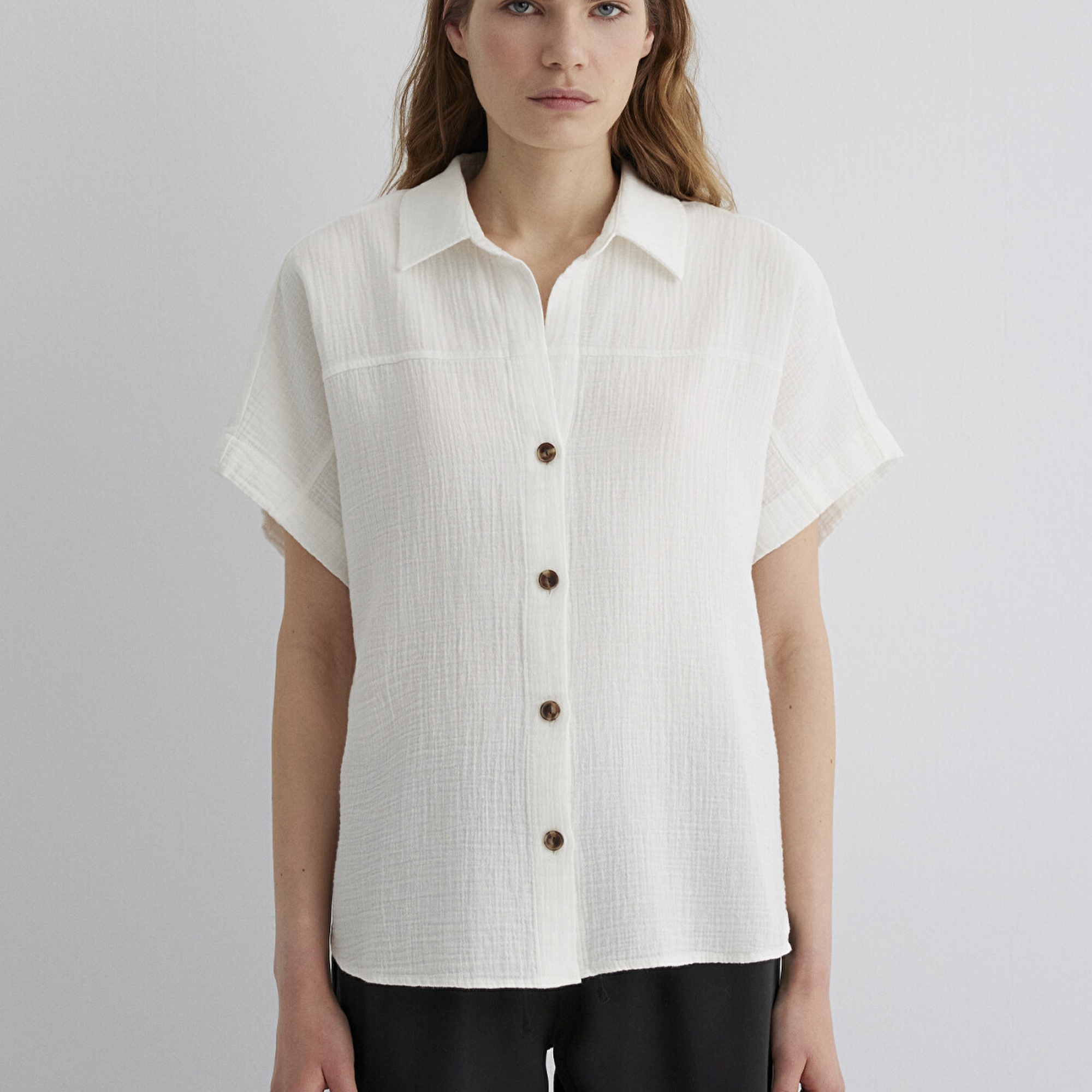 Mavi Dokulu Ekru Gömlek Loose Fit / Bol Rahat Kesim 1210758-70057