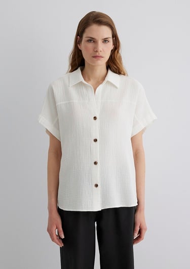  Mavi Dokulu Ekru Gömlek Loose Fit / Bol Rahat Kesim 1210758-70057