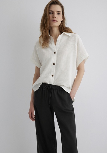  Mavi Dokulu Ekru Gömlek Loose Fit / Bol Rahat Kesim 1210758-70057