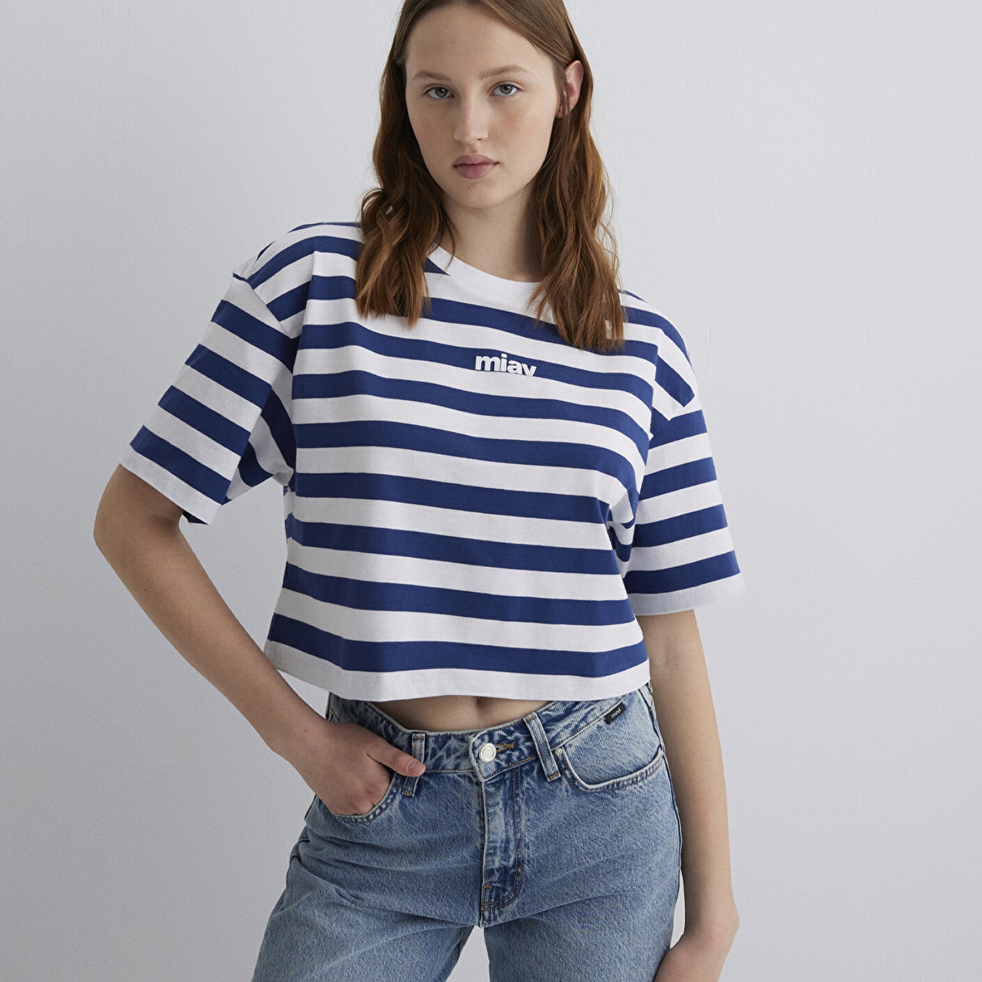 Mavi Miav Baskılı Çizgili Crop Tişört Crop / Kısa Kesim 1612456-87201