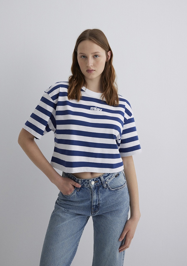  Mavi Miav Baskılı Çizgili Crop Tişört Crop / Kısa Kesim 1612456-87201