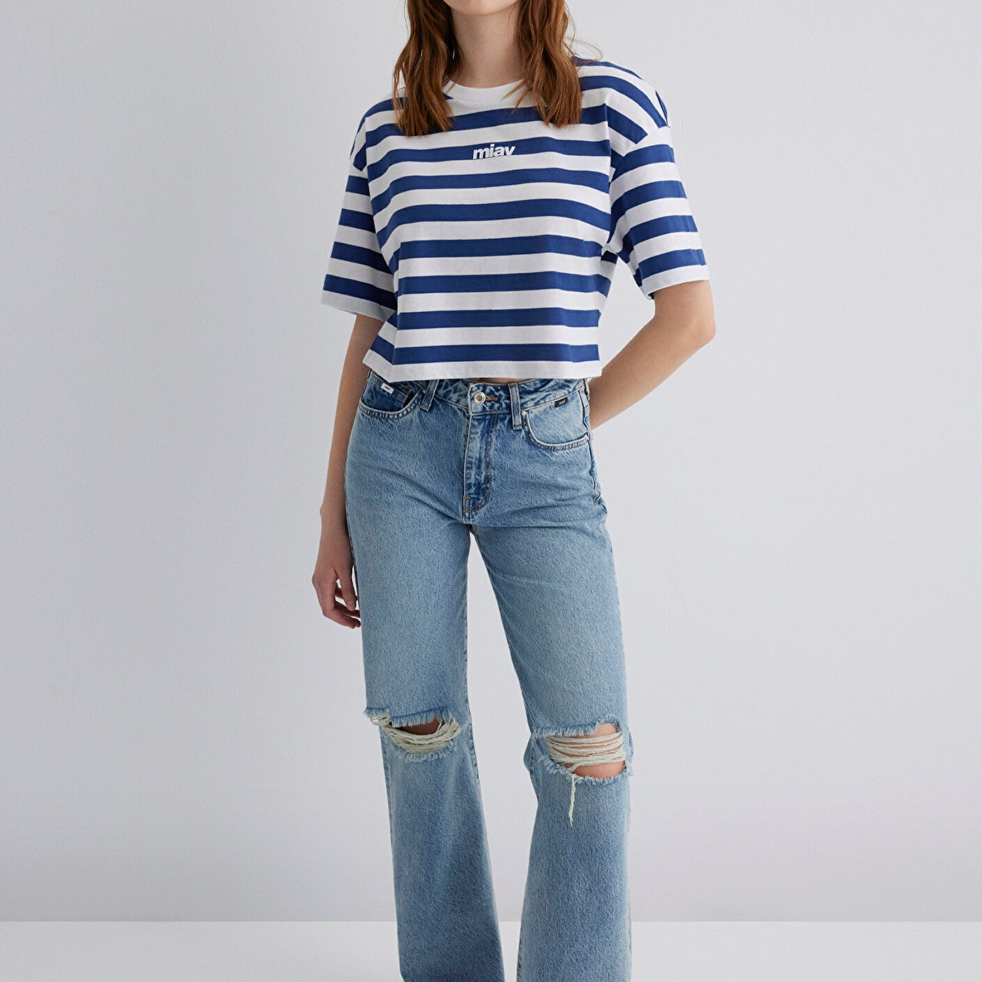 Mavi Miav Baskılı Çizgili Crop Tişört Crop / Kısa Kesim 1612456-87201