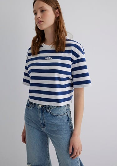  Mavi Miav Baskılı Çizgili Crop Tişört Crop / Kısa Kesim 1612456-87201