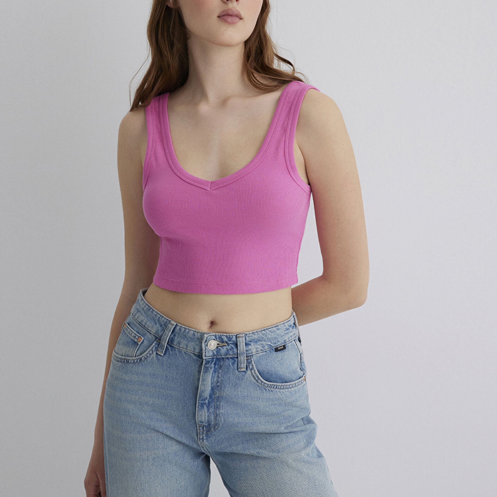 Mavi V Yaka Pembe Basic Crop Atlet Crop / Kısa Kesim 1612375-70572