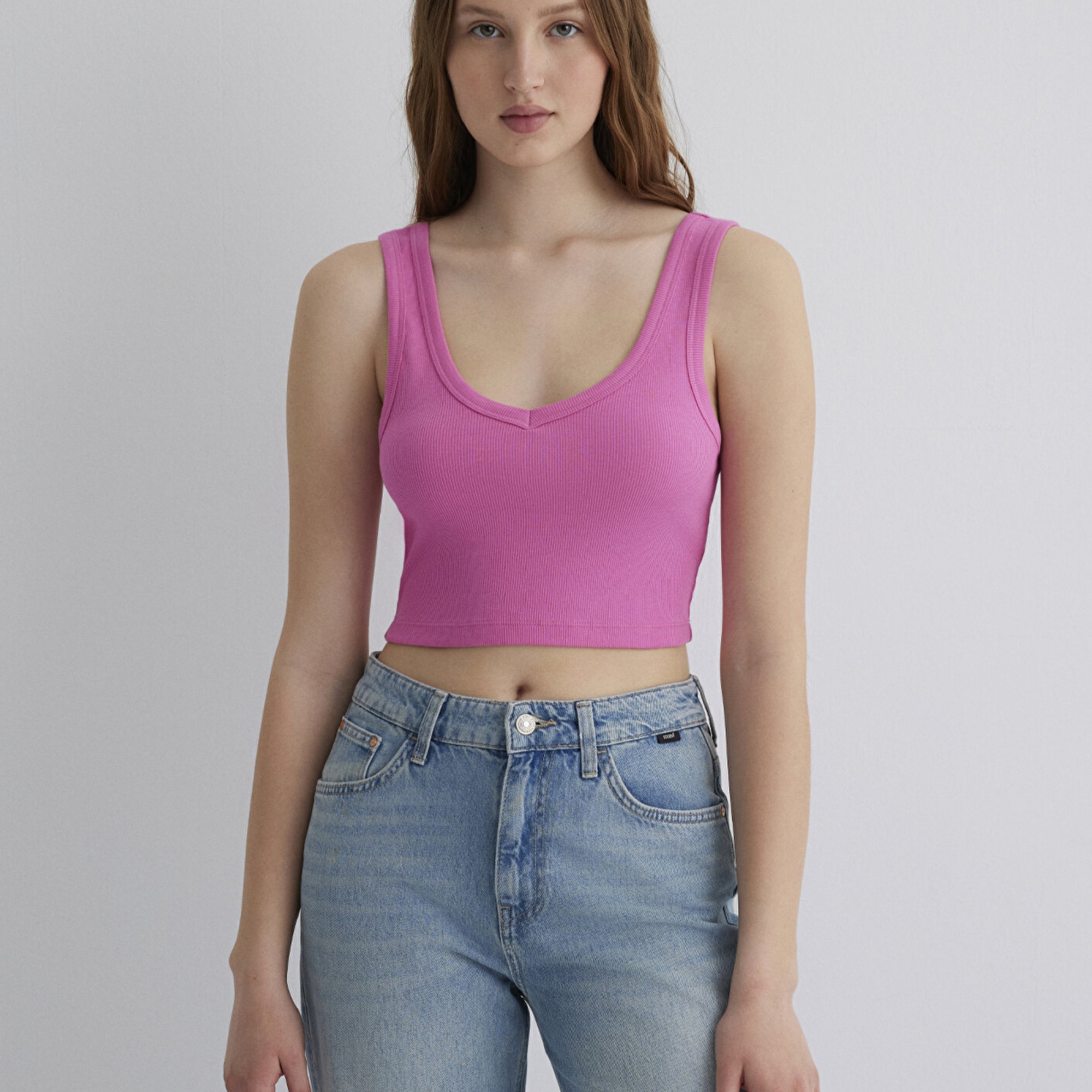 Mavi V Yaka Pembe Basic Crop Atlet Crop / Kısa Kesim 1612375-70572