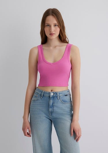  Mavi V Yaka Pembe Basic Crop Atlet Crop / Kısa Kesim 1612375-70572