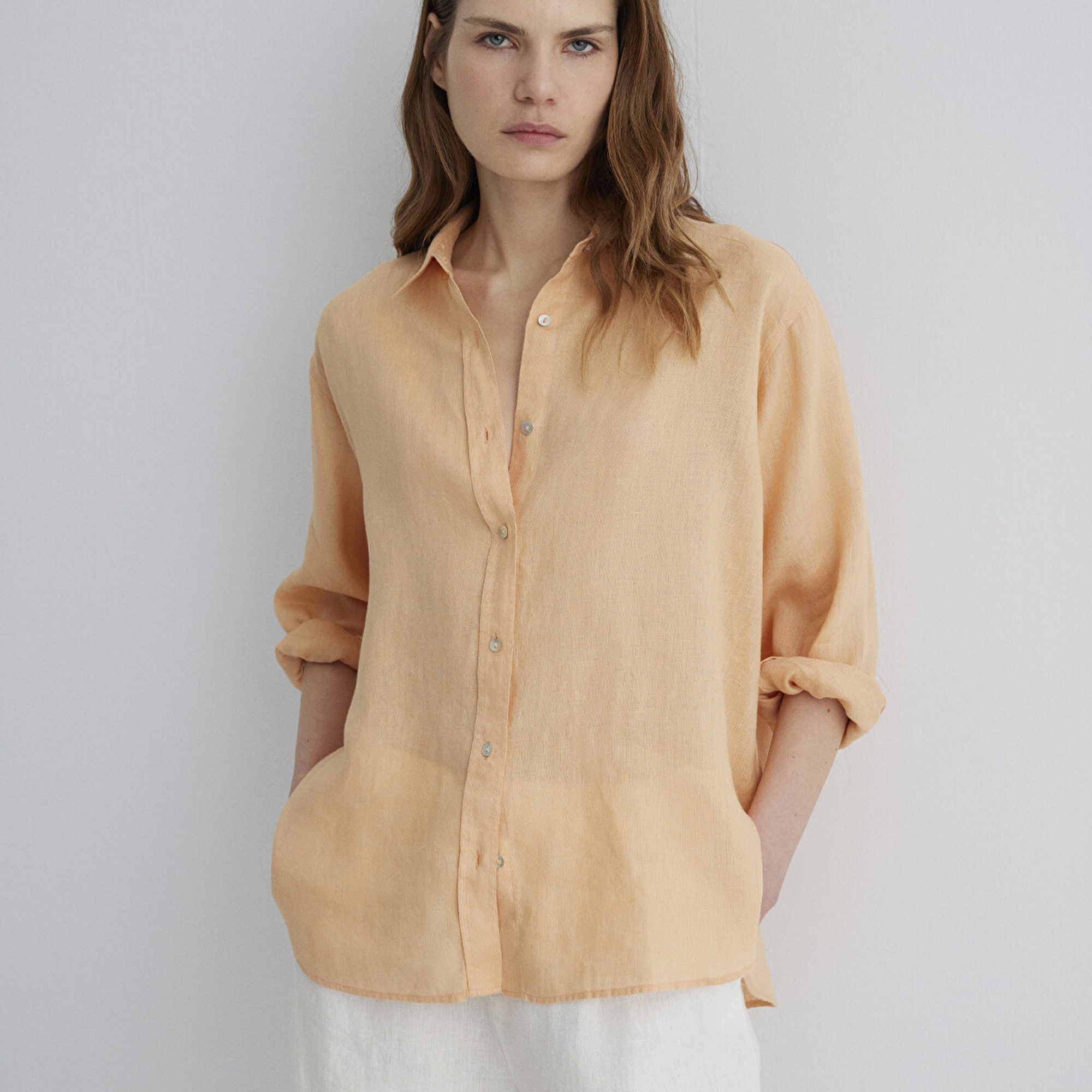 Mavi Turuncu Keten Gömlek Loose Fit / Bol Rahat Kesim 1210747-71219