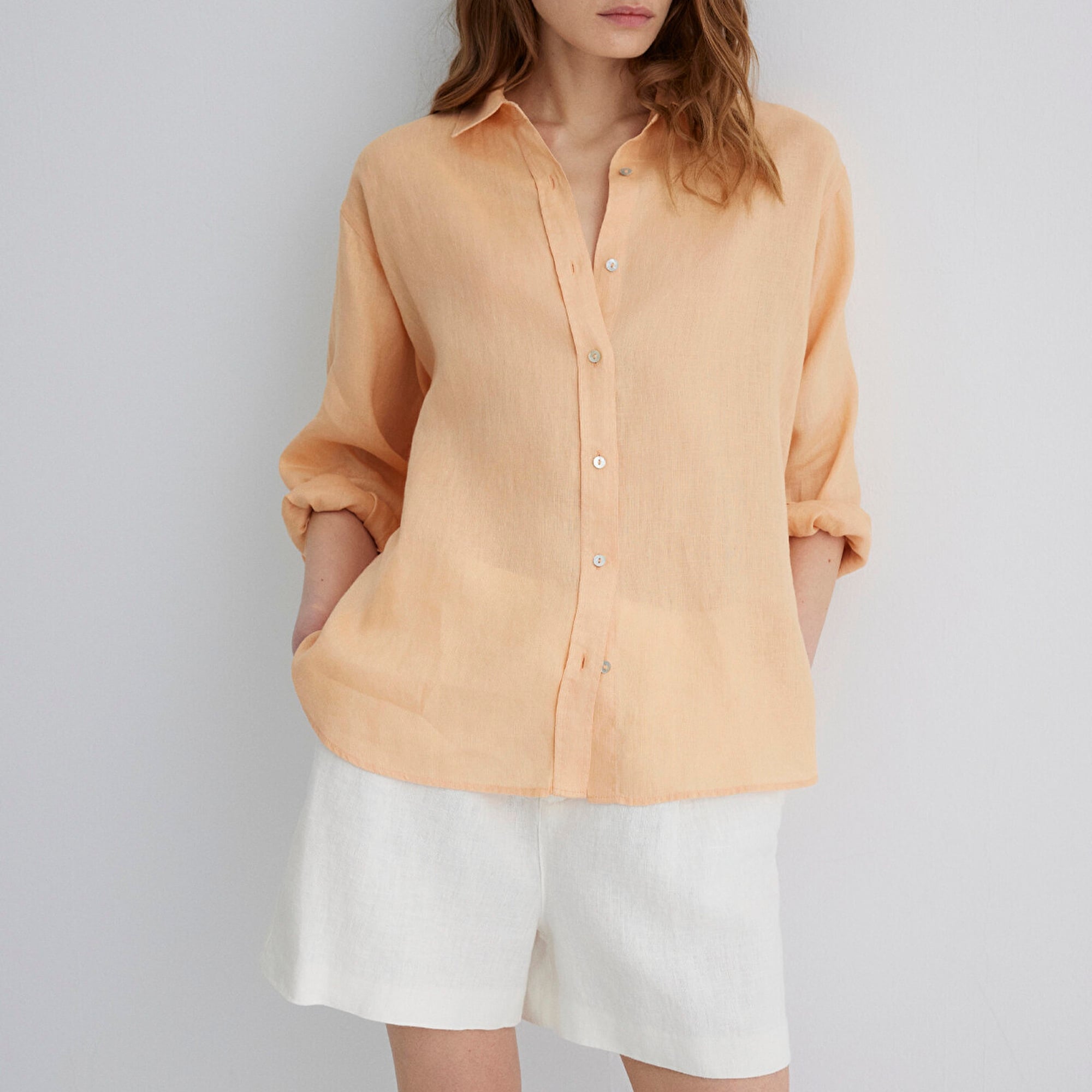 Mavi Turuncu Keten Gömlek Loose Fit / Bol Rahat Kesim 1210747-71219