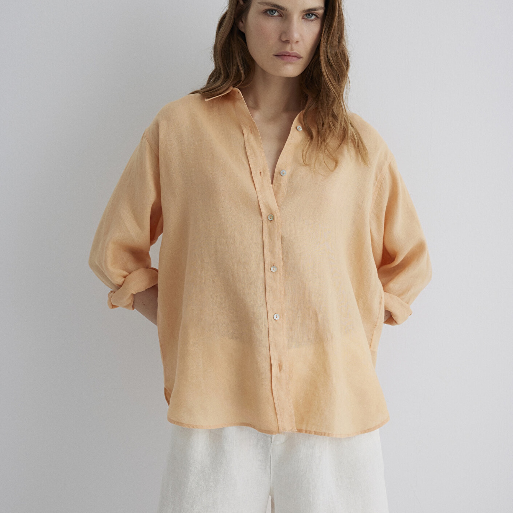 Mavi Turuncu Keten Gömlek Loose Fit / Bol Rahat Kesim 1210747-71219