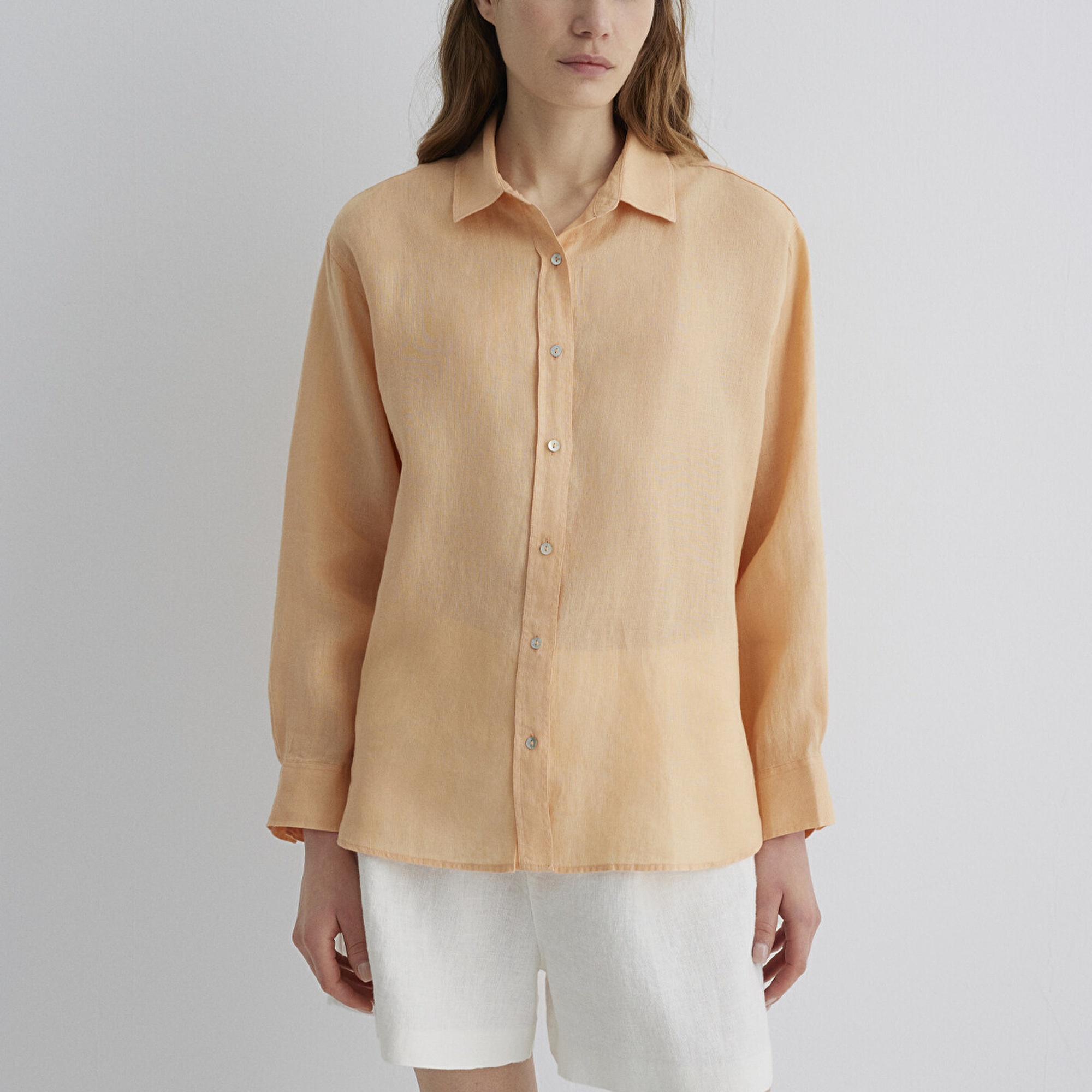 Mavi Turuncu Keten Gömlek Loose Fit / Bol Rahat Kesim 1210747-71219