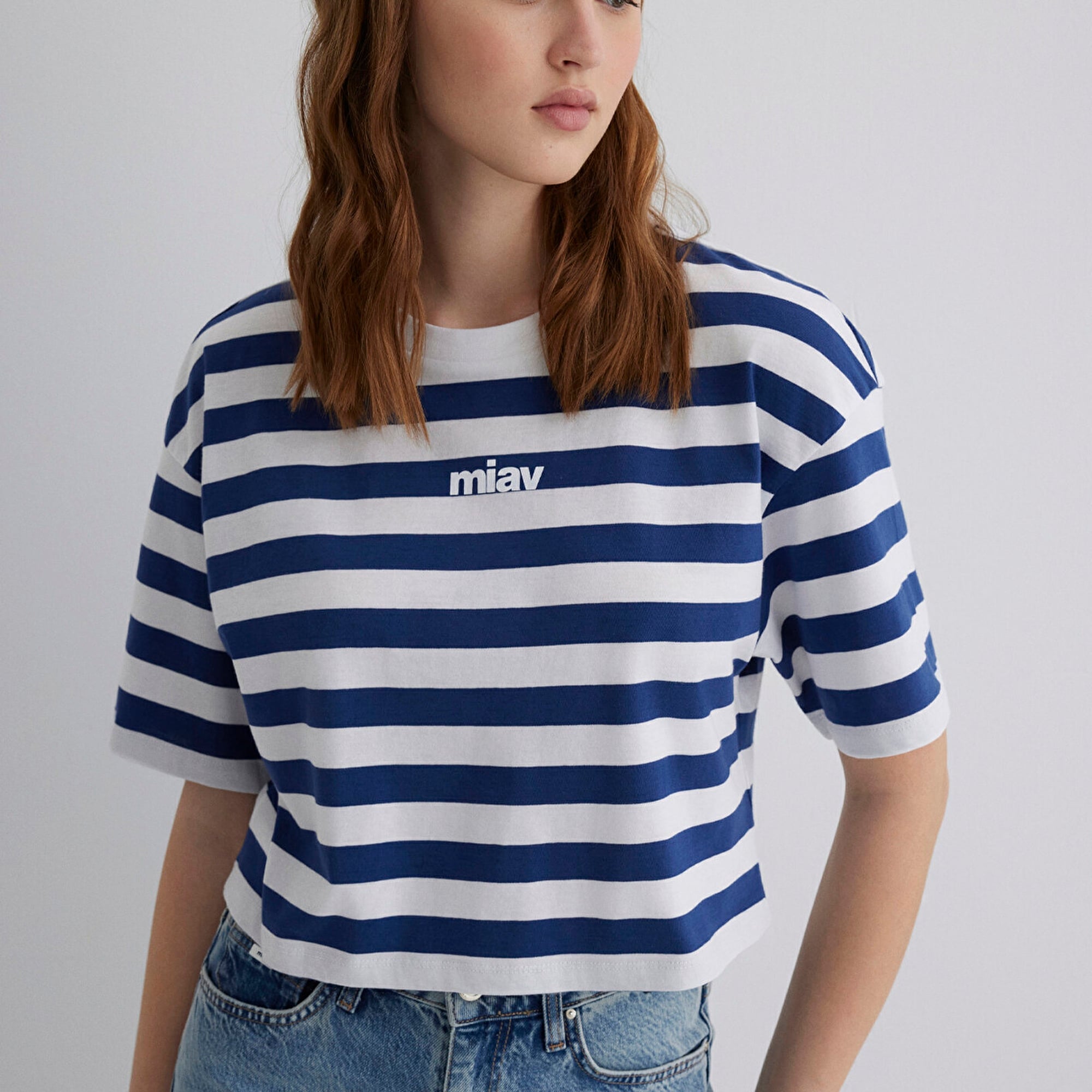 Mavi Miav Baskılı Çizgili Crop Tişört Crop / Kısa Kesim 1612456-87201