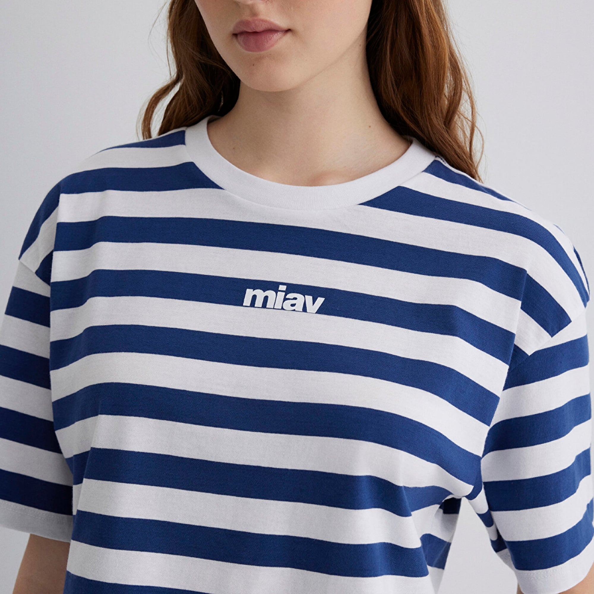 Mavi Miav Baskılı Çizgili Crop Tişört Crop / Kısa Kesim 1612456-87201