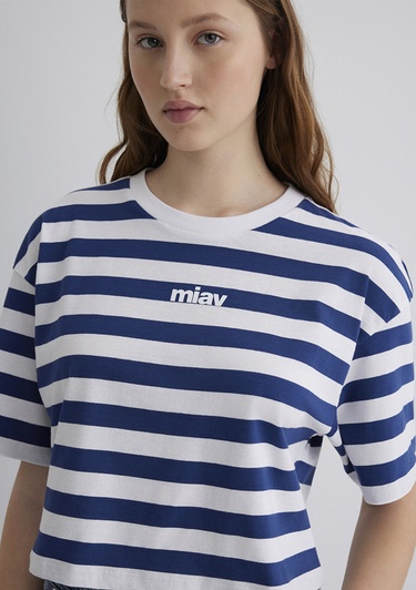  Mavi Miav Baskılı Çizgili Crop Tişört Crop / Kısa Kesim 1612456-87201