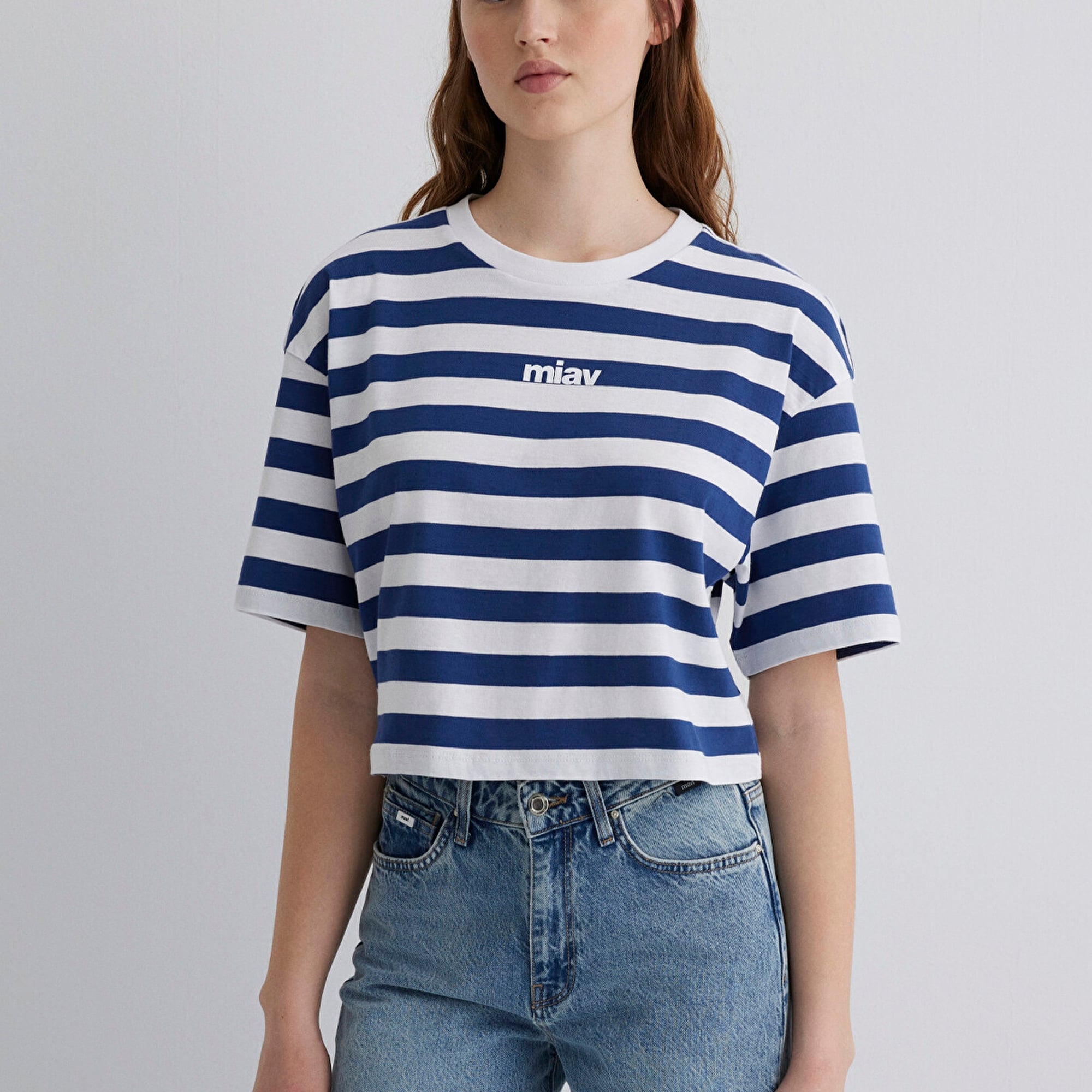 Mavi Miav Baskılı Çizgili Crop Tişört Crop / Kısa Kesim 1612456-87201