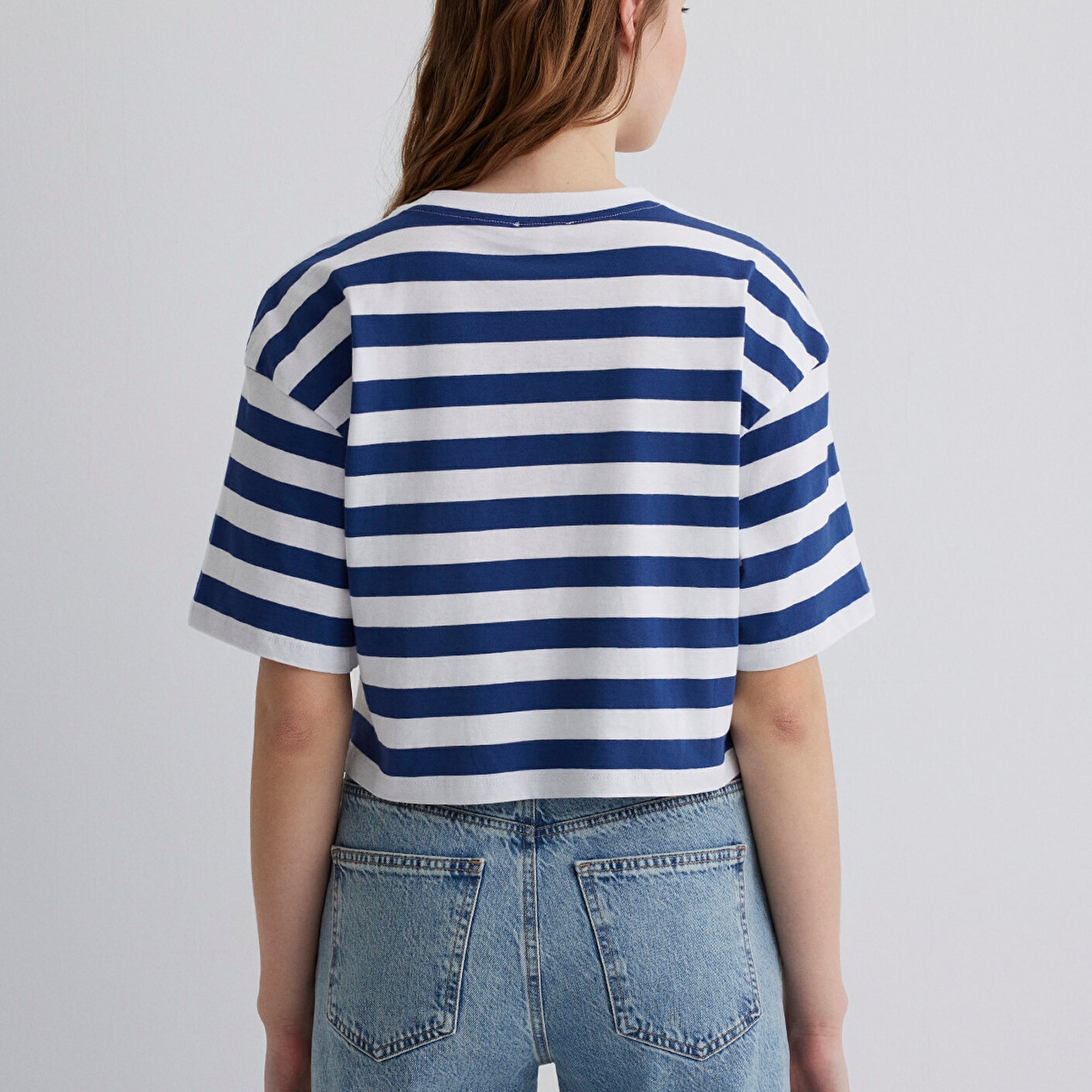 Mavi Miav Baskılı Çizgili Crop Tişört Crop / Kısa Kesim 1612456-87201