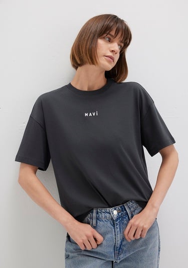  Mavi Mavi Logo Baskılı Antrasit Tişört Loose Fit / Bol Rahat Kesim 1612518-70087