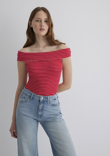  Mavi Düşük Omuzlu Kırmızı Çizgili Top Fitted / Vücuda Oturan Kesim 1612866-88688