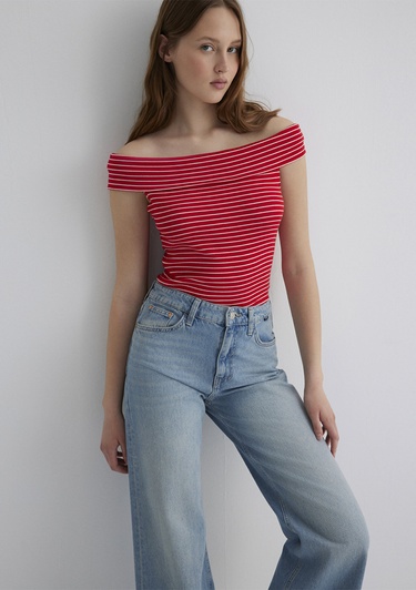  Mavi Düşük Omuzlu Kırmızı Çizgili Top Fitted / Vücuda Oturan Kesim 1612866-88688