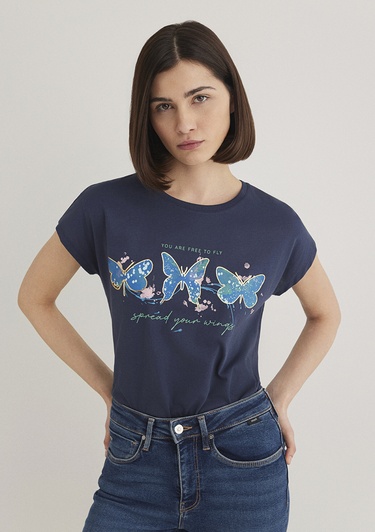  Mavi Kelebek Baskılı Lacivert Tişört Regular Fit / Normal Kesim 1612617-70487
