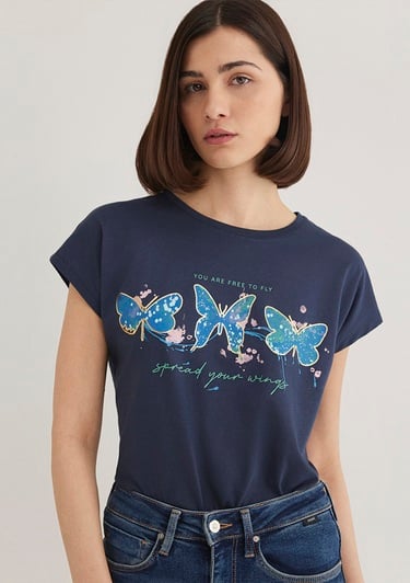  Mavi Kelebek Baskılı Lacivert Tişört Regular Fit / Normal Kesim 1612617-70487