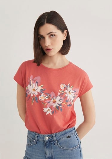  Mavi Çiçek Baskılı Pembe Tişört Regular Fit / Normal Kesim 1612618-71102