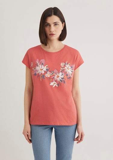 Mavi Çiçek Baskılı Pembe Tişört Regular Fit / Normal Kesim 1612618-71102
