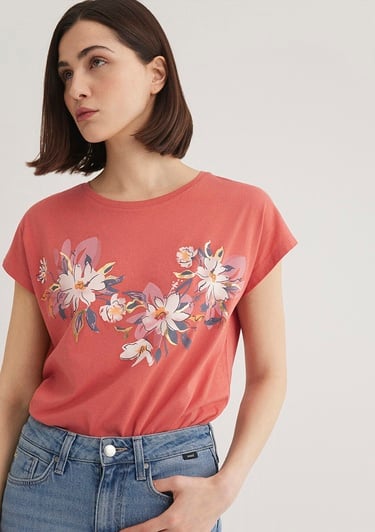  Mavi Çiçek Baskılı Pembe Tişört Regular Fit / Normal Kesim 1612618-71102