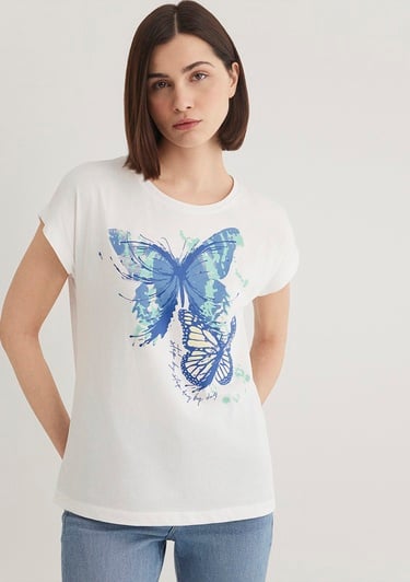  Mavi Kelebek Baskılı Beyaz Tişört Regular Fit / Normal Kesim 1612620-70057