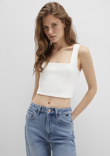  Mavi Kare Yaka Beyaz Crop Top Crop / Kısa Kesim 1612657-70057