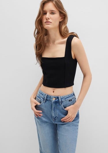  Mavi Kare Yaka Siyah Crop Top Crop / Kısa Kesim 1612657-900