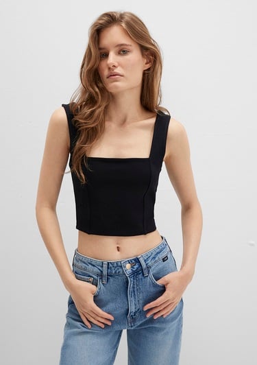  Mavi Kare Yaka Siyah Crop Top Crop / Kısa Kesim 1612657-900