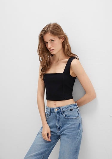  Mavi Kare Yaka Siyah Crop Top Crop / Kısa Kesim 1612657-900