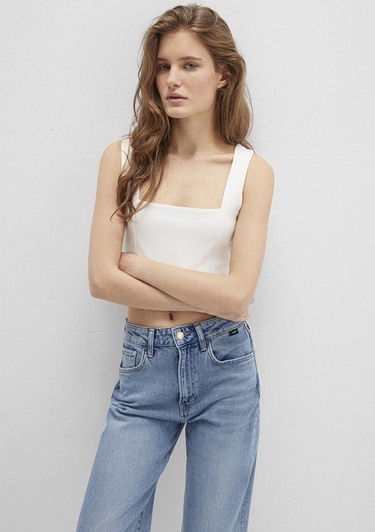  Mavi Kare Yaka Beyaz Crop Top Crop / Kısa Kesim 1612657-70057