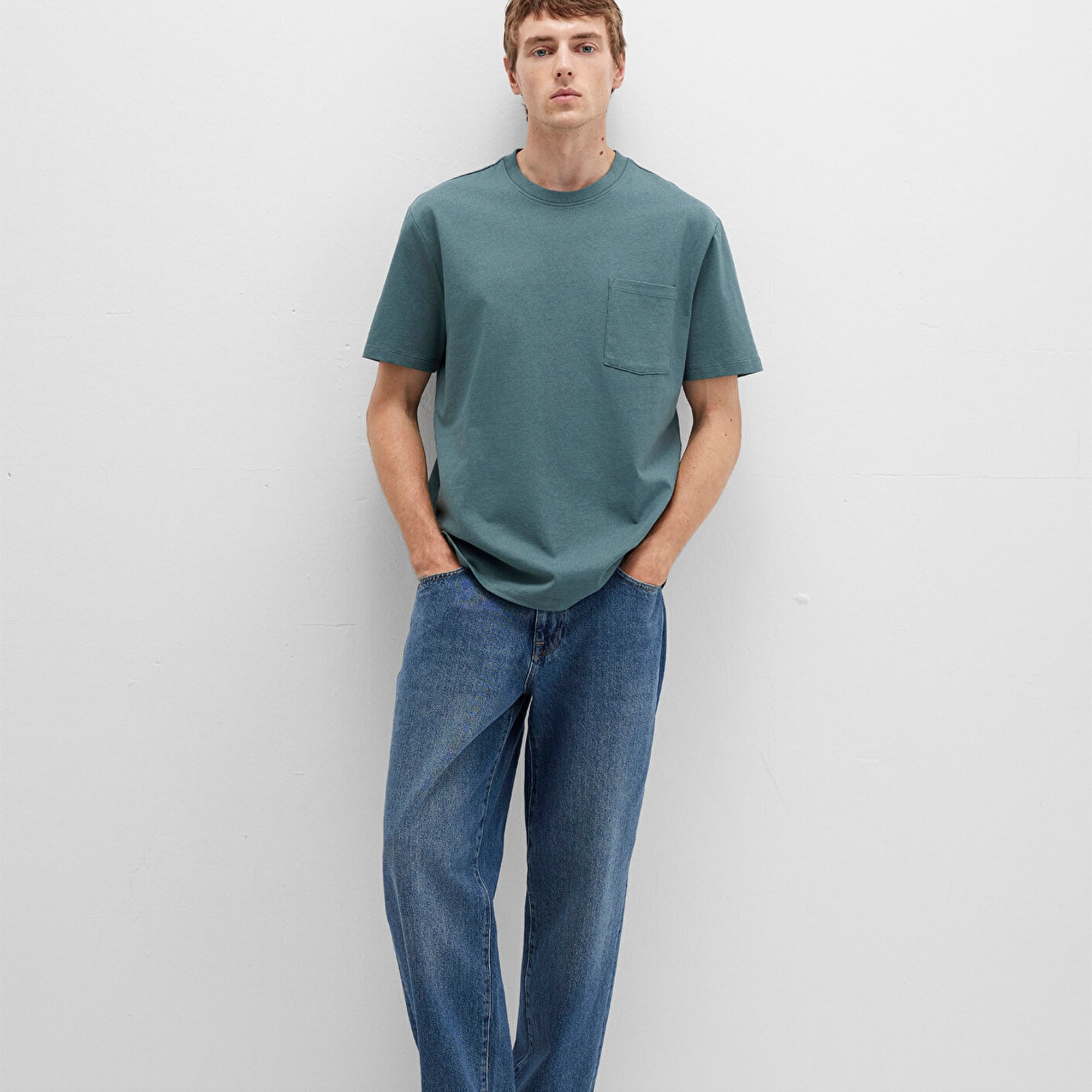 Mavi Cep Detaylı Yeşil Basic Tişört Loose Fit / Bol Rahat Kesim 066248-71577