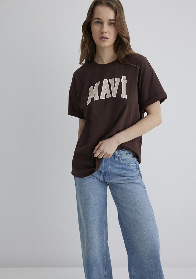  Mavi Mavi Logo Baskılı Kahverengi Tişört Oversize / Geniş Kesim 1600843-88062