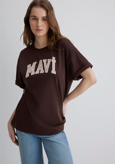  Mavi Mavi Logo Baskılı Kahverengi Tişört Oversize / Geniş Kesim 1600843-88062