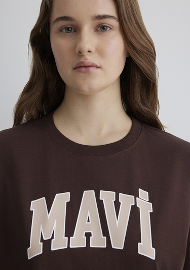  Mavi Mavi Logo Baskılı Kahverengi Tişört Oversize / Geniş Kesim 1600843-88062