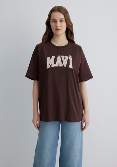  Mavi Mavi Logo Baskılı Kahverengi Tişört Oversize / Geniş Kesim 1600843-88062