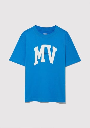  Mavi MV Logo Baskılı Mavi Tişört Loose Fit / Bol Rahat Kesim 6610213-83865