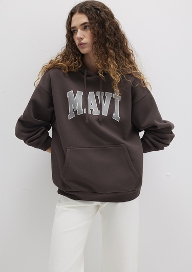  Mavi Mavi Logo Baskılı Kapüşonlu Kahverengi Sweatshirt 1600361-70222