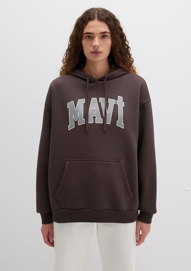  Mavi Mavi Logo Baskılı Kapüşonlu Kahverengi Sweatshirt 1600361-70222