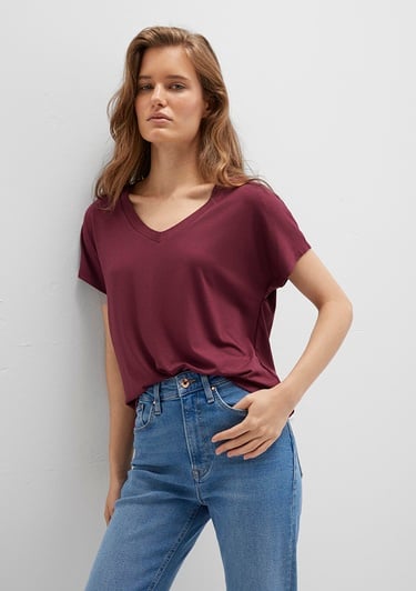  Mavi V Yaka Bordo Basic Viskoz Tişört Regular Fit / Normal Kesim 167714-70393