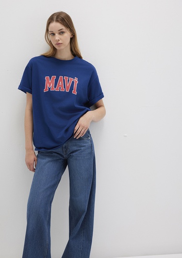  Mavi Mavi Logo Baskılı Lacivert Tişört Oversize / Geniş Kesim 1600843-82625