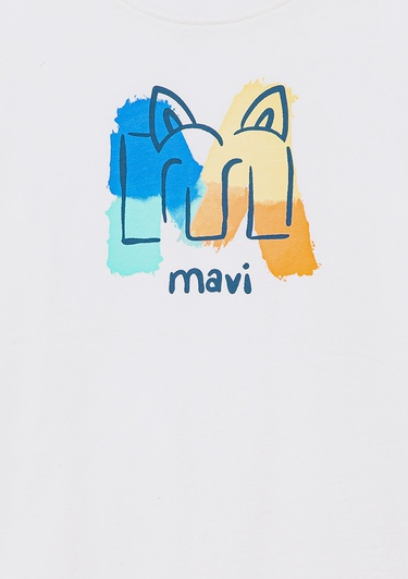  Mavi Mavi Logo Kedi Baskılı Ekru Tişört Loose Fit / Bol Rahat Kesim 7610339-70057